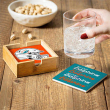 Load image into Gallery viewer, Close-up view of Miami Dolphins Coasters featuring durable ceramic material and detailed team artwork, ideal for home or game day.