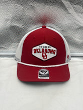 Load image into Gallery viewer, Oklahoma Sooners NCAA '47 Brand Red Mesh Trucker Rope Adjustable Snapback Hat showcasing its breathable mesh design and adjustable fit, perfect for any fan.