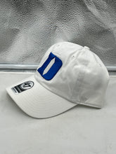 Load image into Gallery viewer, Duke Blue Devils NCAA '47 Brand White Clean Up Adjustable Strapback Hat displayed on a white background showcasing the bold Duke logo and adjustable strap.