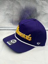 Load image into Gallery viewer, Minnesota Vikings NFL '47 Brand Purple Rope Script Hitch Snapback Adjustable Hat displayed on a mannequin showcasing its stylish purple color and unique rope accent.