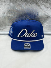 Load image into Gallery viewer, Duke Blue Devils NCAA '47 Brand Blue Script Hitch Rope Adjustable Snapback Hat, showcasing vibrant blue script logo, adjustable fit, and trendy rope detail, perfect for loyal Duke fans.