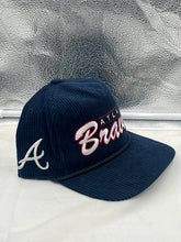 Load image into Gallery viewer, Atlanta Braves MLB '47 Brand Blue Corduroy Hitch Rope Adjustable Snapback Hat displayed on a mannequin with a vibrant blue background, showcasing its premium corduroy material and iconic Braves logo.