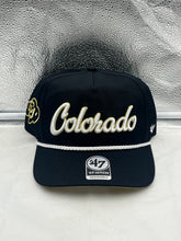 Load image into Gallery viewer, Colorado Buffaloes NCAA '47 Brand Black Script Hitch Adjustable Snapback Hat displayed on a white background, showcasing its sleek black design and classic script font.