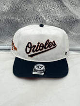 Load image into Gallery viewer, Baltimore Orioles MLB '47 Brand White TT Script Hitch Adjustable Snapback Hat featuring stylish script logo, perfect for team fans.