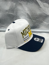 Load image into Gallery viewer, Michigan Wolverines NCAA '47 Brand White TT Hitch Rope Adjustable Snapback Hat displaying stylish design with a trendy rope detail and adjustable snapback closure.