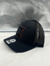 Load image into Gallery viewer, Side view of the Illinois Fighting Illini NCAA '47 Brand Black Trucker Adjustable Snapback Hat highlighting the trendy trucker design.