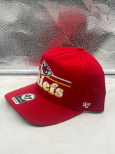 Load image into Gallery viewer, Close-up of the Kansas City Chiefs NFL '47 Red Script Hitch Snapback Adjustable Hat showing the classic script design and adjustable snapback feature.