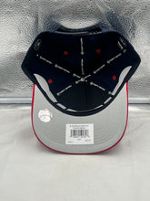 Load image into Gallery viewer, Atlanta Braves MLB '47 Brand Blue Two Tone Hitch Adjustable Snapback Hat on a table, emphasizing its high-quality materials and adjustable fit, the ultimate Atlanta Braves hat for all occasions.