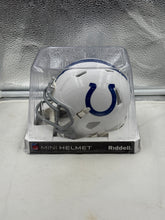 Load image into Gallery viewer, Indianapolis Colts NFL Riddell Speed White Mini Helmet displayed on a stand, perfect for collectors.