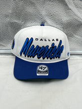 Load image into Gallery viewer, Dallas Mavericks NBA '47 Brand White Script Hitch Snapback Adjustable Hat featuring a prominent Mavericks script logo for stylish team pride.