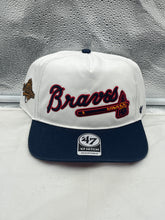 Load image into Gallery viewer, Atlanta Braves MLB '47 Brand White TT Script Hitch Adjustable Snapback Hat showcased from the front with iconic logo.
