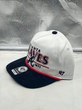 Load image into Gallery viewer, Close-up of Atlanta Braves MLB '47 Brand White Two Tone Hitch Rope Adjustable Snapback Hat highlighting the adjustable snapback closure and premium fabric.