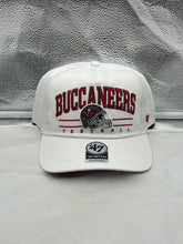 Load image into Gallery viewer, Tampa Bay Buccaneers NFL '47 White Script Hitch Rope Snapback Adjustable Hat displayed with modern style, showcasing the iconic Buccaneers logo and a striking white script design, perfect for any fan.
