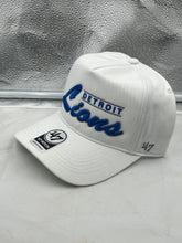 Load image into Gallery viewer, Close-up of the Detroit Lions NFL '47 Brand White Script Hitch Snapback Adjustable Hat featuring embroidered team logos and elegant script.