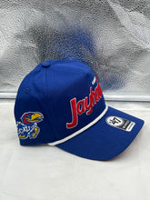 Load image into Gallery viewer, Kansas Jayhawks NCAA '47 Brand Blue Script Hitch Rope Adjustable Snapback Hat worn by a fan at a game.