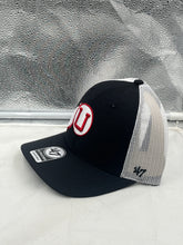 Load image into Gallery viewer, Side view of the Utah Utes NCAA '47 Brand Throwback Black Trucker Mesh Adjustable Snapback Hat, highlighting the breathable mesh back design.