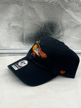 Load image into Gallery viewer, Baltimore Orioles MLB '47 Brand Throwback Black Clean Up Adjustable Hat featuring iconic logo, perfect for supporting your favorite team in style.