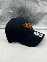 Load image into Gallery viewer, Close-up view of the Baltimore Orioles MLB '47 Brand Throwback Black Clean Up Adjustable Hat, highlighting the quality material and adjustable strap for comfort.