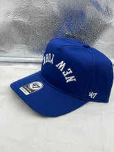 Load image into Gallery viewer, New York Giants NFL '47 Brand Blue Reversed Script Hitch Snapback Adjustable Hat showcasing vibrant blue color and unique reversed script design.