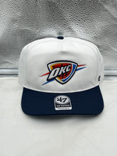 Load image into Gallery viewer, Oklahoma City Thunder NBA '47 Brand White Two Tone Hitch Adjustable Snapback Hat displayed on a clean background, showcasing the bold team logo.