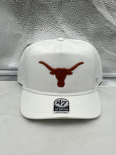 Load image into Gallery viewer, Texas Longhorns NCAA '47 Brand White Hitch Rope Adjustable Snapback Hat displayed on a neutral background with focus on the embroidered logo and rope detail.