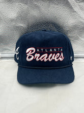 Load image into Gallery viewer, Atlanta Braves MLB '47 Brand Blue Corduroy Hitch Rope Adjustable Snapback Hat showcasing the iconic Braves logo and premium corduroy material.