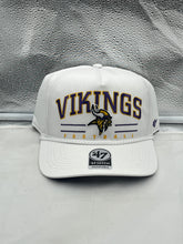 Load image into Gallery viewer, Minnesota Vikings NFL '47 White Script Hitch Rope Snapback Adjustable Hat showcasing a modern design with bold script logo, perfect for fans.