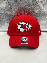 Load image into Gallery viewer, Kansas City Chiefs NFL '47 Brand Red Clean Up Adjustable Strapback Hat displayed on a white background, showcasing its vibrant red color and embroidered team logo.