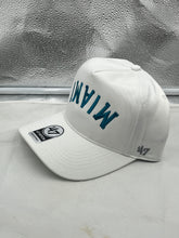 Load image into Gallery viewer, Miami Dolphins NFL '47 Brand White Reversed Script Hitch Snapback Adjustable Hat displayed with clear team graphics and flat brim design, perfect for showing team spirit.