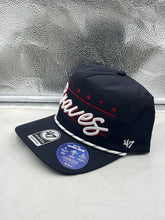 Load image into Gallery viewer, Atlanta Braves MLB '47 Brand Navy Blue Script Hitch Rope Adjustable Snapback Hat displayed on a white background showcasing its stylish design.