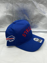 Load image into Gallery viewer, Lifestyle shot of a fan wearing the Buffalo Bills NFL '47 Brand Blue Reversed Script Hitch Snapback Adjustable Hat at a game.