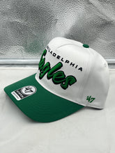 Load image into Gallery viewer, Close-up view of Philadelphia Eagles NFL '47 Throwback White Script Hitch Snapback Adjustable Hat showcasing the iconic Eagles script logo.