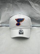 Load image into Gallery viewer, St Louis Blues NHL '47 Brand Throwback White Clean Up Adjustable Strapback Hat showcasing vintage team logo and adjustable strap design for comfortable fit.