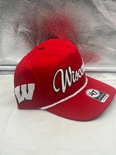 Load image into Gallery viewer, The Wisconsin Badgers NCAA '47 Brand Red Rope Script Hitch Adjustable Hat worn with casual fan apparel at a game day event.