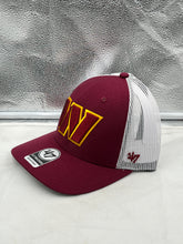 Load image into Gallery viewer, Side view of the Washington Commanders NFL '47 Brand Red Trucker Mesh Strapback Adjustable Hat highlighting the breathable mesh back design.