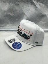 Load image into Gallery viewer, Detailed view of the Miami Hurricanes NCAA '47 Brand White Script Hitch Rope Adjustable Snapback Hat highlighting the unique hitch rope design and vibrant team colors.