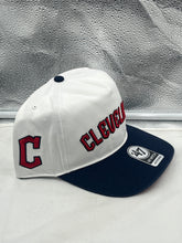 Load image into Gallery viewer, Cleveland Guardians MLB '47 Brand White TT Script Hitch Adjustable Snapback Hat displayed on a mannequin, showcasing its stylish design and bold script logo.