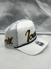 Load image into Gallery viewer, Iowa Hawkeyes NCAA 47 Brand White Script Rope Hitch Mesh Adjustable Snapback Hat worn during a casual day out, showcasing team pride and fashion.
