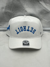 Load image into Gallery viewer, Detroit Lions NFL '47 Brand White Reversed Script Hitch Snapback Adjustable Hat showcasing bold reversed script logo, perfect for fan apparel and stylish game-day outfit.