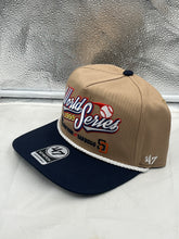 Load image into Gallery viewer, Close-up view of Yankees Vs Padres 1998 World Series Dueling MLB '47 Khaki Hitch Adjustable Hat showcasing quality fabric and adjustable strap.