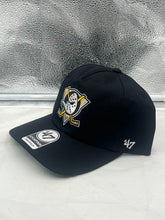 Load image into Gallery viewer, Anaheim Ducks NHL '47 Brand Throwback Black Hitch Adjustable Snapback Hat showcasing the front logo against a black background.