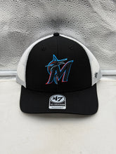 Load image into Gallery viewer, Miami Marlins MLB '47 Brand Black Trucker Mesh Adjustable Strapback Hat featuring breathable mesh back design.