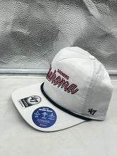 Load image into Gallery viewer, Oklahoma Sooners NCAA '47 Brand White Script Hitch Rope Adjustable Snapback Hat displayed on a neutral background, showcasing the bold script logo and stylish design.