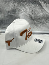 Load image into Gallery viewer, Texas Longhorns NCAA '47 Brand White Script Hitch Adjustable Snapback Hat displayed on a table, emphasizing its quality craftsmanship and adjustable snapback feature.
