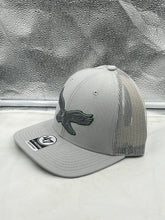 Load image into Gallery viewer, Close-up view of the Philadelphia Eagles NFL '47 Brand Throwback Gray Trucker Adjustable Hat featuring the embroidered Eagles logo.