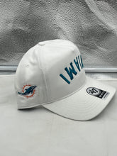 Load image into Gallery viewer, Side profile of the Miami Dolphins NFL '47 Brand White Reversed Script Hitch Snapback Adjustable Hat highlighting the adjustable snapback closure for a comfortable fit.