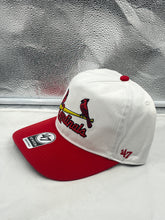 Load image into Gallery viewer, Close-up view of the St. Louis Cardinals MLB '47 Brand White TT Script Hitch Adjustable Snapback Hat, highlighting the premium quality materials and adjustable snapback closure.