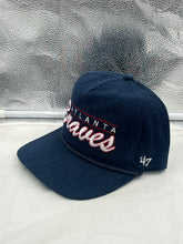 Load image into Gallery viewer, Close-up of the Atlanta Braves MLB '47 Brand Blue Corduroy Hitch Rope Adjustable Snapback Hat highlighting the adjustable snapback closure and detailed stitching.