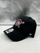 Load image into Gallery viewer, Close-up view of the Pittsburgh Pirates MLB '47 Brand Black Clean Up Adjustable Hat showcasing the embroidered team logo detail.