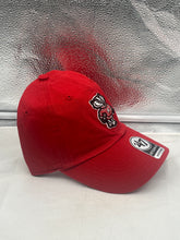 Load image into Gallery viewer, Wisconsin Badgers NCAA '47 Brand Throwback Red Clean Up Adjustable Strapback Hat displayed outdoors, ideal for casual outings and showing team loyalty.